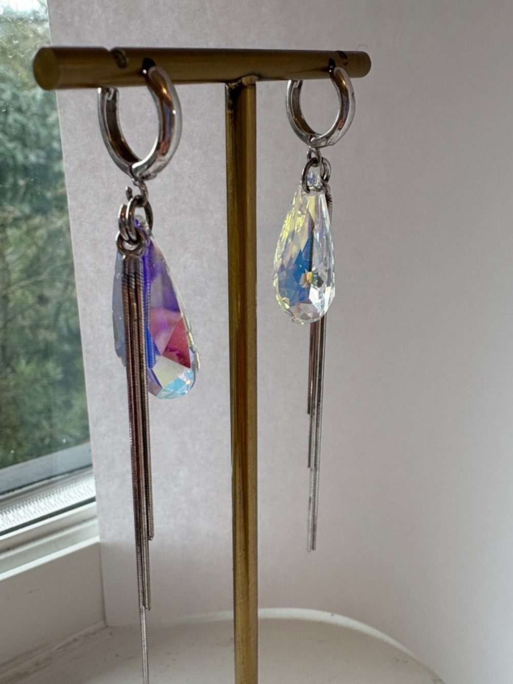 Crystal Element Teardrop Dangle Hoop Earrings - Iridescent Crystal